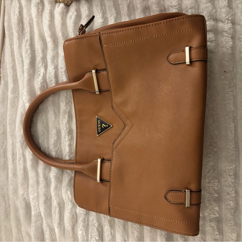 Guess Alexie Girlfriend satchel handbag in light cognac or brown faux leather.